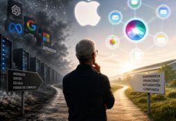 IMAGE: A lone Tim Cook stands at a crossroads beneath a glowing Apple logo, facing a choice between a privacy-focused path and a fast-moving AI-powered future dominated by major technology companies