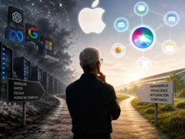 IMAGE: A lone Tim Cook stands at a crossroads beneath a glowing Apple logo, facing a choice between a privacy-focused path and a fast-moving AI-powered future dominated by major technology companies