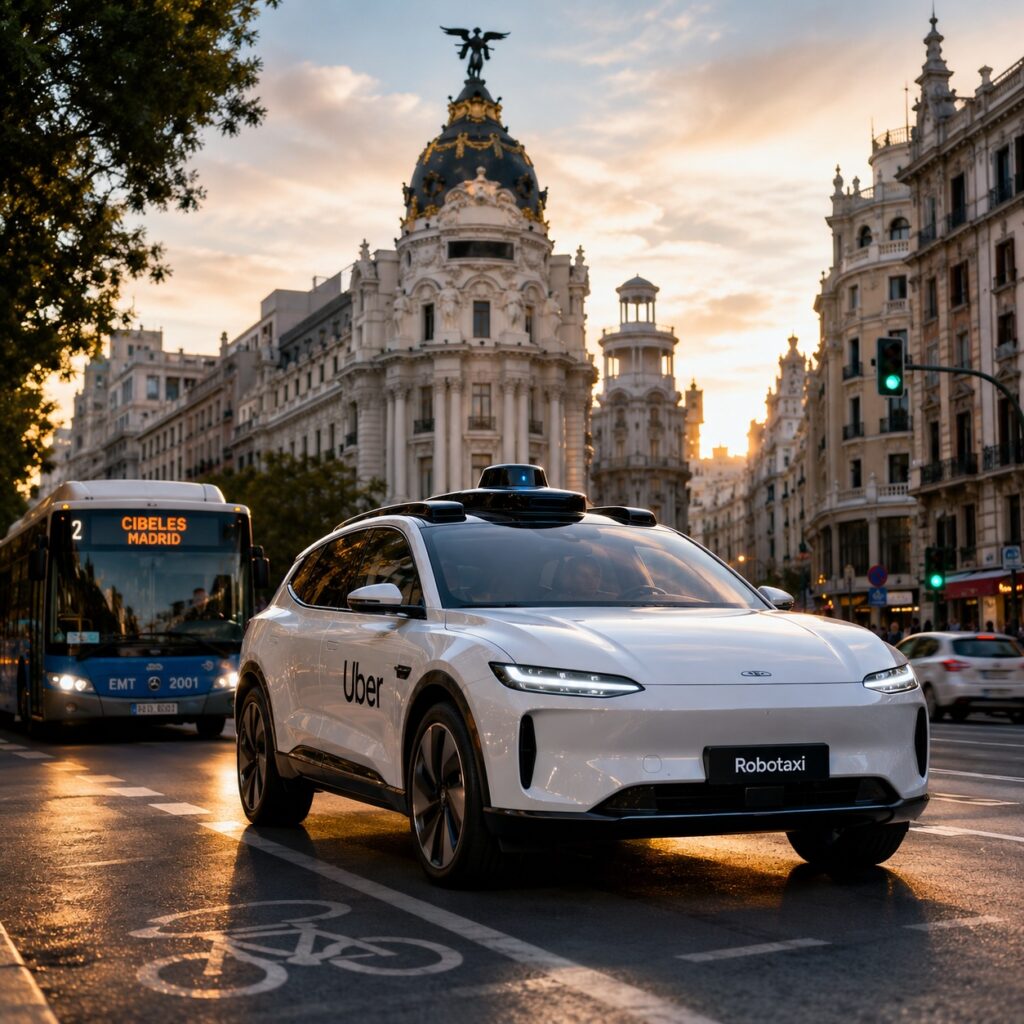 IMAGE: Autonomous robotaxi driving through central Madrid at sunset, symbolizing the arrival of self-driving mobility in a historic European city