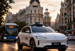 IMAGE: Autonomous robotaxi driving through central Madrid at sunset, symbolizing the arrival of self-driving mobility in a historic European city