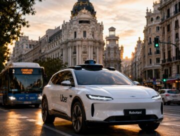 IMAGE: Autonomous robotaxi driving through central Madrid at sunset, symbolizing the arrival of self-driving mobility in a historic European city
