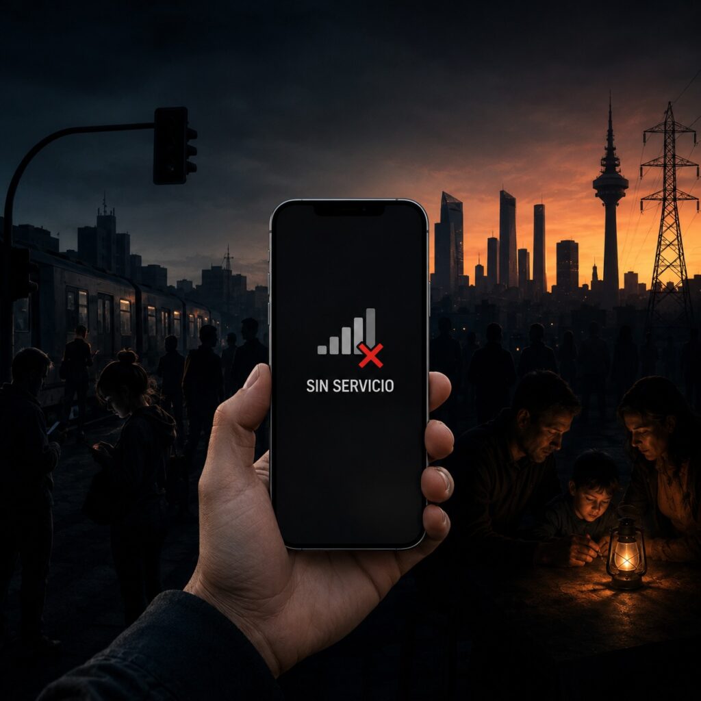 IMAGE: A smartphone with no signal during a citywide blackout, with dark streets, stalled transport, and people gathered by lantern light 