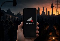 IMAGE: A smartphone with no signal during a citywide blackout, with dark streets, stalled transport, and people gathered by lantern light