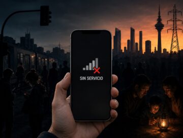 IMAGE: A smartphone with no signal during a citywide blackout, with dark streets, stalled transport, and people gathered by lantern light