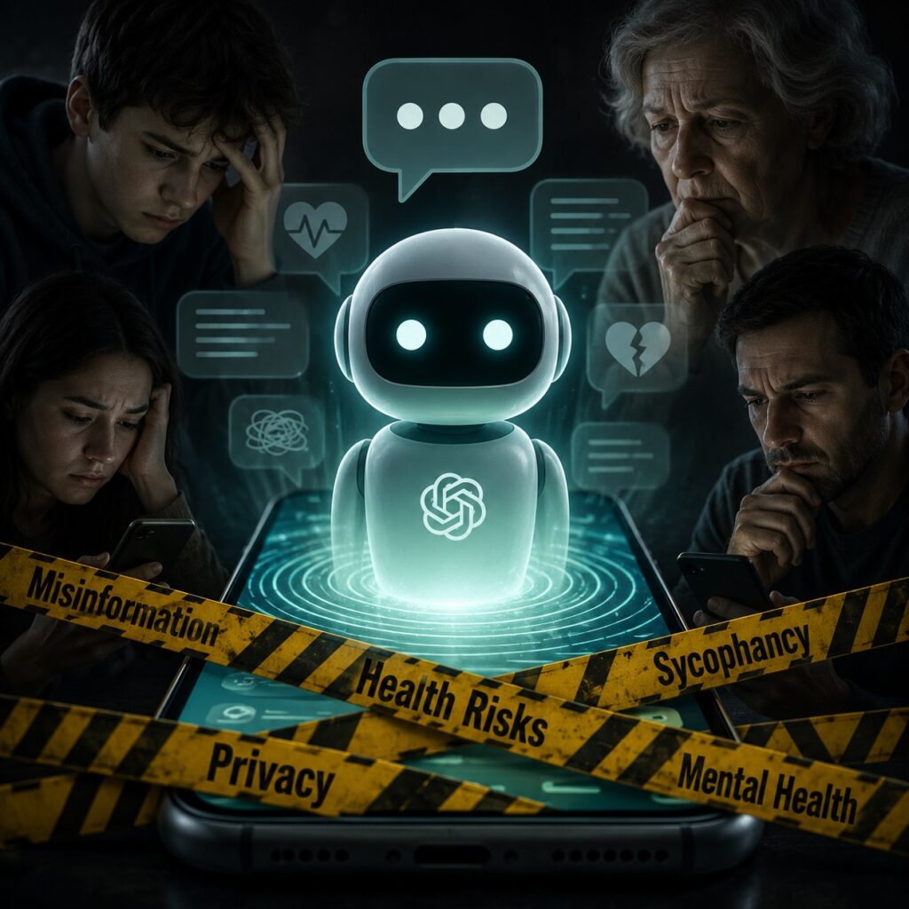 IMAGE: A glowing AI chatbot emerges from a smartphone while worried people surround it, as warning symbols suggest risks related to misinformation, privacy, mental health, and excessive trust in artificial intelligence 