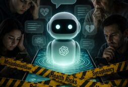 IMAGE: A glowing AI chatbot emerges from a smartphone while worried people surround it, as warning symbols suggest risks related to misinformation, privacy, mental health, and excessive trust in artificial intelligence