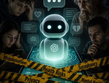 IMAGE: A glowing AI chatbot emerges from a smartphone while worried people surround it, as warning symbols suggest risks related to misinformation, privacy, mental health, and excessive trust in artificial intelligence