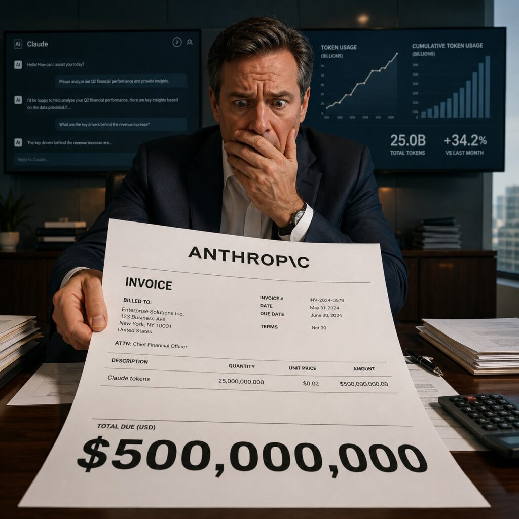 IMAGE: A large corporate invoice with the Anthropic logo. The invoice is crisp, official and intimidating. At the bottom, in enormous bold numbers, the amount "$500,000,000" is highlighted, with the line item reading "Claude tokens". The invoice sits on the desk of a shocked CFO in a modern corporate boardroom. Screens in the background show AI chat interfaces and rising token usage graphs 