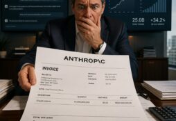 IMAGE: A large corporate invoice with the Anthropic logo. The invoice is crisp, official and intimidating. At the bottom, in enormous bold numbers, the amount "$500,000,000" is highlighted, with the line item reading "Claude tokens". The invoice sits on the desk of a shocked CFO in a modern corporate boardroom. Screens in the background show AI chat interfaces and rising token usage graphs