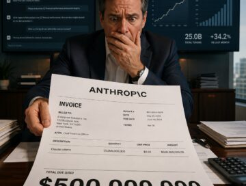 IMAGE: A large corporate invoice with the Anthropic logo. The invoice is crisp, official and intimidating. At the bottom, in enormous bold numbers, the amount "$500,000,000" is highlighted, with the line item reading "Claude tokens". The invoice sits on the desk of a shocked CFO in a modern corporate boardroom. Screens in the background show AI chat interfaces and rising token usage graphs
