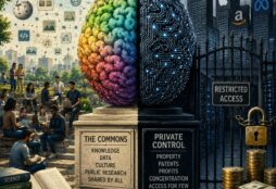IMAGE: A split AI brain contrasts shared public knowledge with locked corporate control