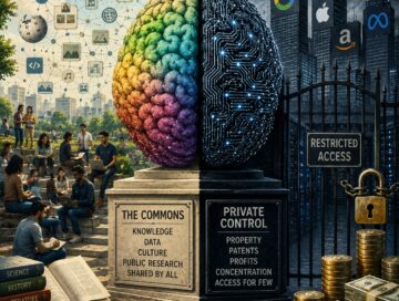 IMAGE: A split AI brain contrasts shared public knowledge with locked corporate control