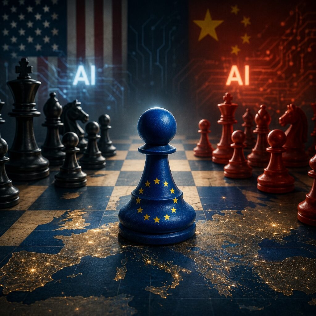IMAGE: A blue European chess piece stands on a glowing map of Europe, surrounded by larger US and Chinese chess pieces in an AI-themed geopolitical game