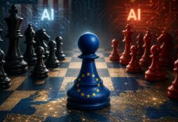 IMAGE: A blue European chess piece stands on a glowing map of Europe, surrounded by larger US and Chinese chess pieces in an AI-themed geopolitical game