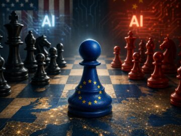 IMAGE: A blue European chess piece stands on a glowing map of Europe, surrounded by larger US and Chinese chess pieces in an AI-themed geopolitical game