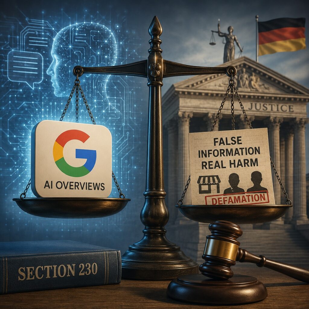 IMAGE: A symbolic courtroom scene where artificial intelligence and corporate responsibility are weighed on a set of scales, with a digital human profile, a courthouse, and legal imagery representing the debate over accountability for AI-generated misinformation 