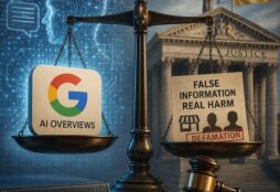 IMAGE: A symbolic courtroom scene where artificial intelligence and corporate responsibility are weighed on a set of scales, with a digital human profile, a courthouse, and legal imagery representing the debate over accountability for AI-generated misinformation