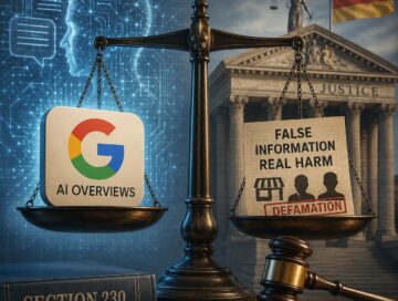 IMAGE: A symbolic courtroom scene where artificial intelligence and corporate responsibility are weighed on a set of scales, with a digital human profile, a courthouse, and legal imagery representing the debate over accountability for AI-generated misinformation