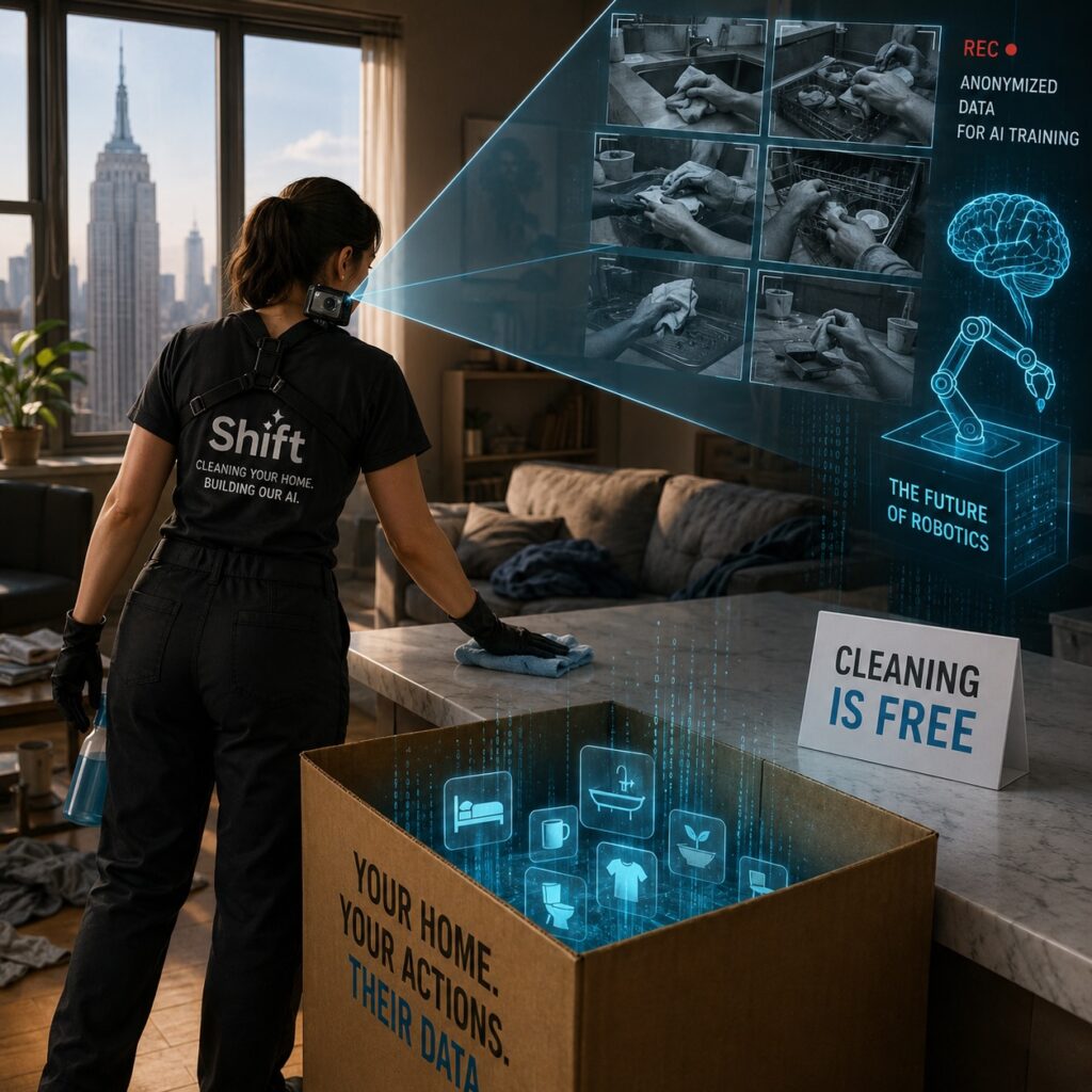 IMAGE: A cleaner working in a modern New York apartment while wearing a body-mounted camera that records her actions. Around her, glowing digital overlays transform everyday household tasks into streams of data feeding artificial intelligence and robotics systems. The image highlights the hidden exchange behind a “free” cleaning service: domestic activities are being captured and converted into valuable training data for the next generation of robots 