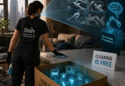 IMAGE: A cleaner working in a modern New York apartment while wearing a body-mounted camera that records her actions. Around her, glowing digital overlays transform everyday household tasks into streams of data feeding artificial intelligence and robotics systems. The image highlights the hidden exchange behind a “free” cleaning service: domestic activities are being captured and converted into valuable training data for the next generation of robots