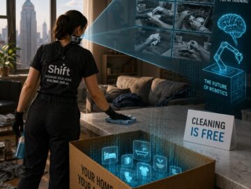 IMAGE: A cleaner working in a modern New York apartment while wearing a body-mounted camera that records her actions. Around her, glowing digital overlays transform everyday household tasks into streams of data feeding artificial intelligence and robotics systems. The image highlights the hidden exchange behind a “free” cleaning service: domestic activities are being captured and converted into valuable training data for the next generation of robots