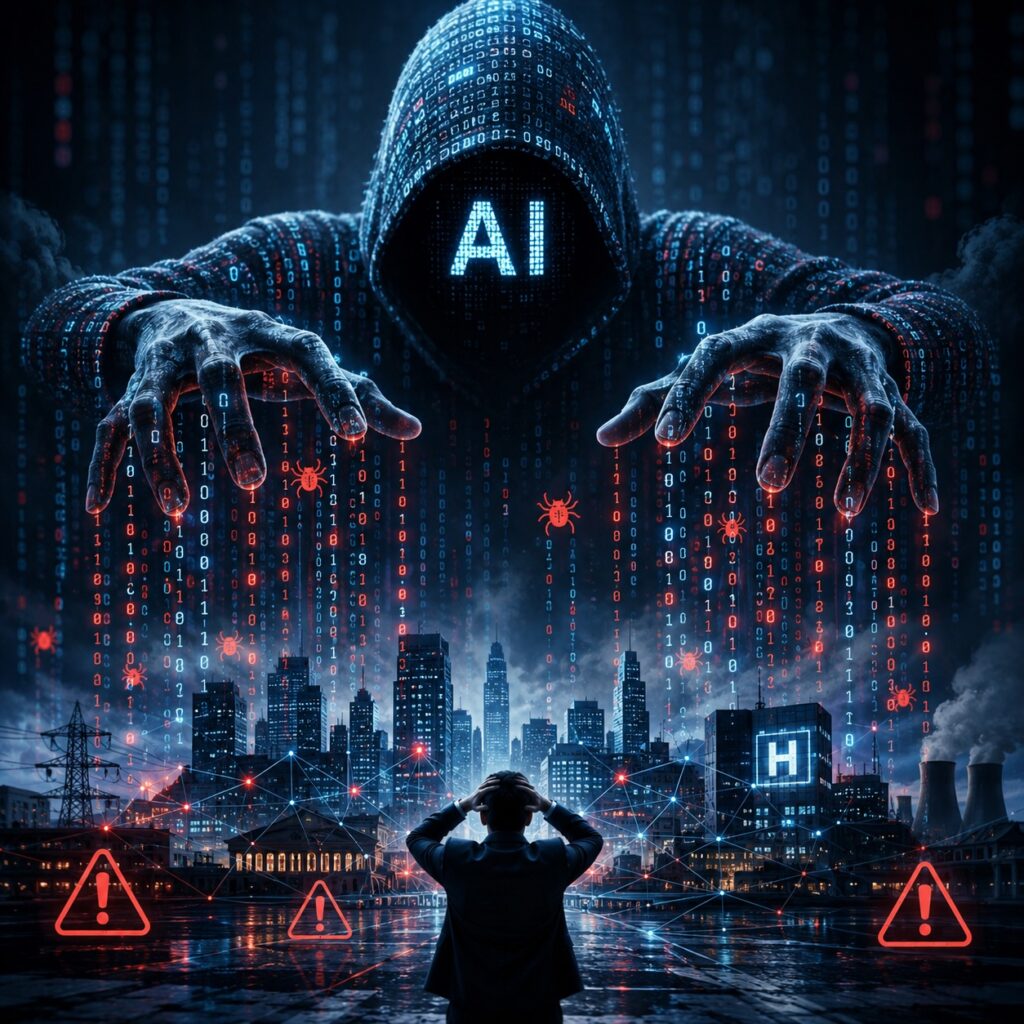 IMAGE: A giant hooded AI figure made of code looms over a vulnerable city, while warning symbols and digital attack streams suggest automated cyber threats targeting critical infrastructure 