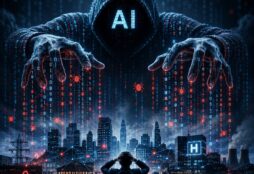 IMAGE: A giant hooded AI figure made of code looms over a vulnerable city, while warning symbols and digital attack streams suggest automated cyber threats targeting critical infrastructure