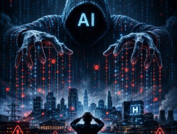 IMAGE: A giant hooded AI figure made of code looms over a vulnerable city, while warning symbols and digital attack streams suggest automated cyber threats targeting critical infrastructure