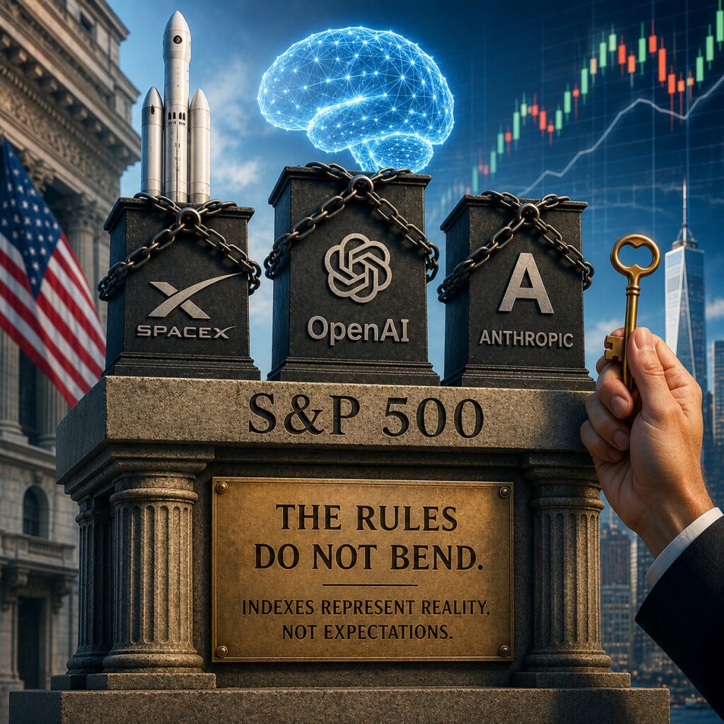 IMAGE: A monumental stone pedestal labeled “S&P 500” stands beneath chained symbols of SpaceX, OpenAI, and Anthropic, while a hand holding a key suggests pressure to bend the rules and grant entry based on expectations rather than proven performance