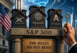 IMAGE: A monumental stone pedestal labeled “S&P 500” stands beneath chained symbols of SpaceX, OpenAI, and Anthropic, while a hand holding a key suggests pressure to bend the rules and grant entry based on expectations rather than proven performance