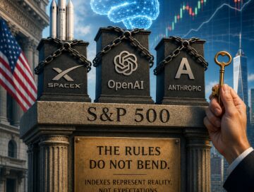IMAGE: A monumental stone pedestal labeled “S&P 500” stands beneath chained symbols of SpaceX, OpenAI, and Anthropic, while a hand holding a key suggests pressure to bend the rules and grant entry based on expectations rather than proven performance