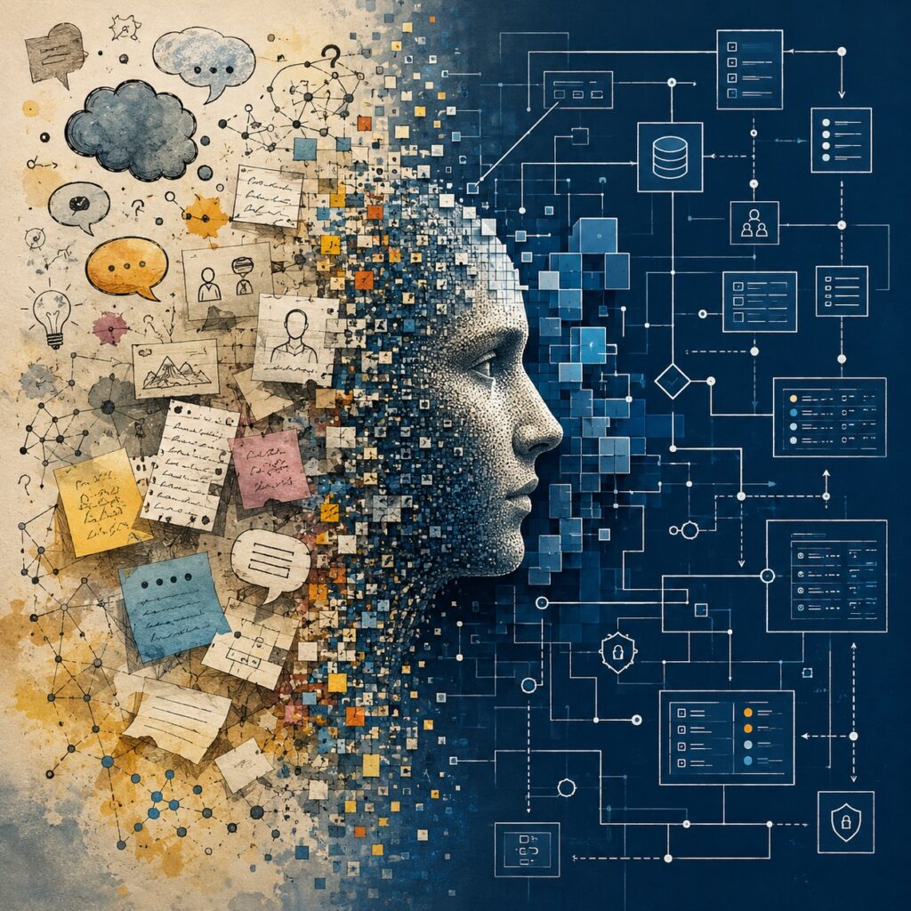 IMAGE: Abstract illustration showing fragmented AI memories and notes transforming into a structured enterprise architecture and formal system model