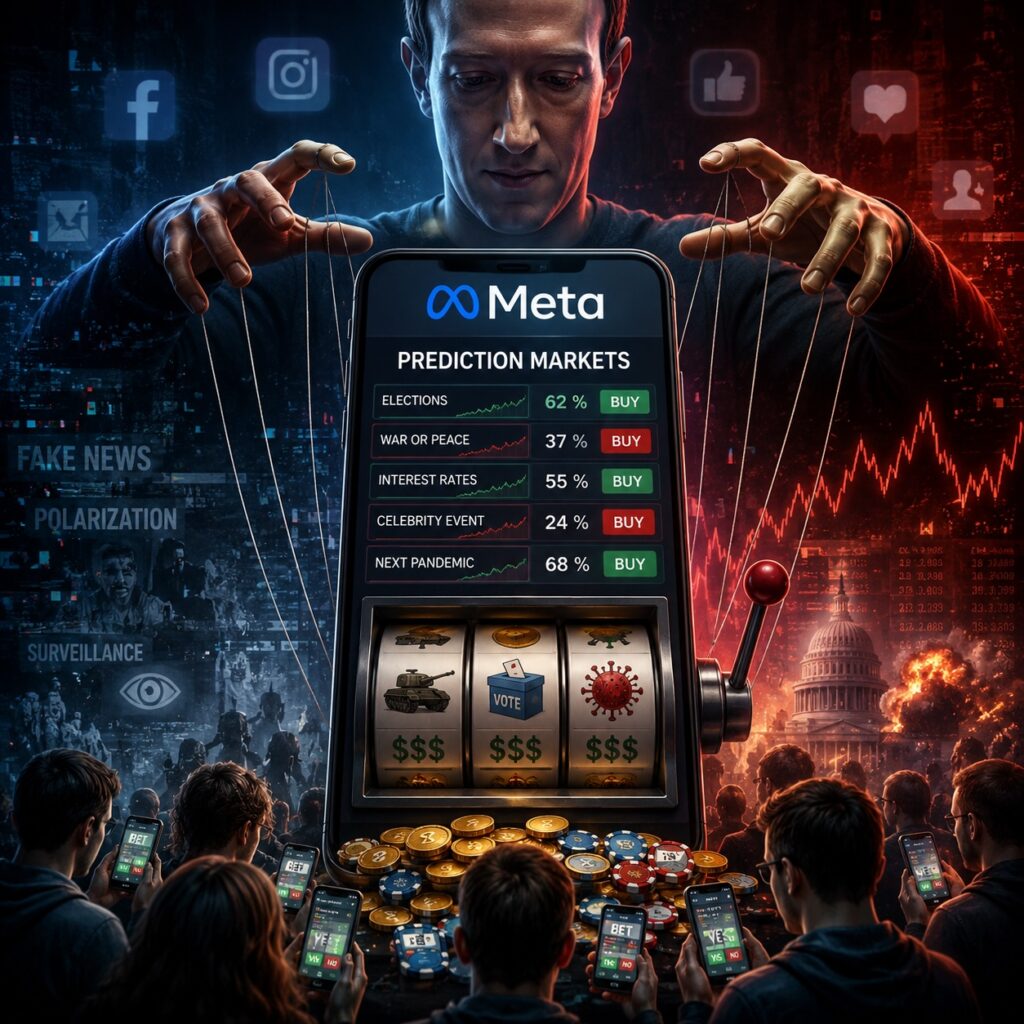 IMAGE: A dystopian scene showing a Meta-branded prediction market app fused with a slot machine, while a tech executive figure manipulates users like puppets amid symbols of surveillance, fake news, polarization and social unrest 