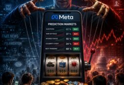 IMAGE: A dystopian scene showing a Meta-branded prediction market app fused with a slot machine, while a tech executive figure manipulates users like puppets amid symbols of surveillance, fake news, polarization and social unrest