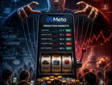 IMAGE: A dystopian scene showing a Meta-branded prediction market app fused with a slot machine, while a tech executive figure manipulates users like puppets amid symbols of surveillance, fake news, polarization and social unrest