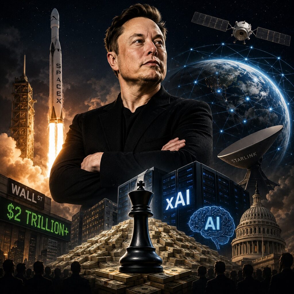 IMAGE: Dramatic illustration of Elon Musk looming over rockets, satellites, AI infrastructure, and Earth, symbolizing the concentration of technological, financial, and political power