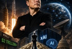 IMAGE: Dramatic illustration of Elon Musk looming over rockets, satellites, AI infrastructure, and Earth, symbolizing the concentration of technological, financial, and political power