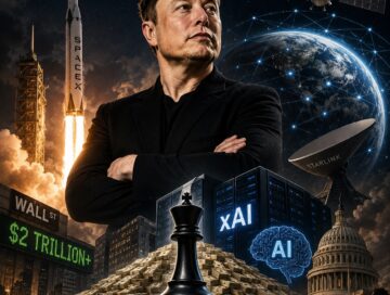 IMAGE: Dramatic illustration of Elon Musk looming over rockets, satellites, AI infrastructure, and Earth, symbolizing the concentration of technological, financial, and political power