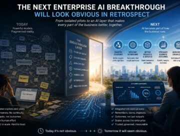 IMAGE: A conceptual illustration contrasting today's fragmented enterprise AI with a future integrated AI layer. On the left, a cluttered workspace filled with disconnected tools, pilots, spreadsheets, and manual processes. In the center, a glowing doorway labeled as a breakthrough layer. On the right, a bright, organized enterprise where AI is embedded into workflows, continuously learns from outcomes, and improves decisions, products, and business performance