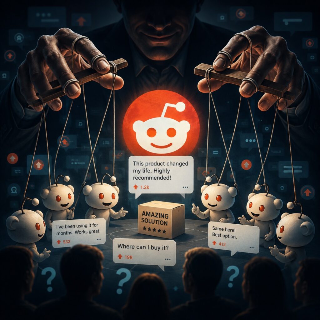 IMAGE: A shadowy puppet master manipulates a network of Reddit users whose seemingly authentic recommendations are being orchestrated to influence AI systems and online search results 