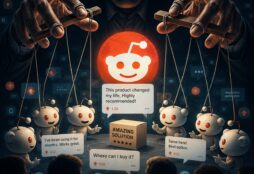 IMAGE: A shadowy puppet master manipulates a network of Reddit users whose seemingly authentic recommendations are being orchestrated to influence AI systems and online search results