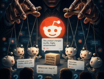 IMAGE: A shadowy puppet master manipulates a network of Reddit users whose seemingly authentic recommendations are being orchestrated to influence AI systems and online search results