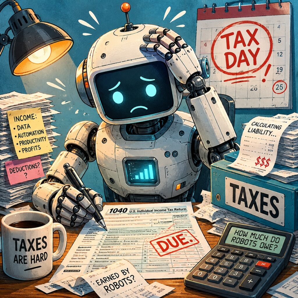 IMAGE: A worried humanoid robot sits at a cluttered desk covered with tax forms, receipts, and a calculator, struggling to complete its tax return while surrounded by reminders about taxes and deadlines. The scene humorously depicts the idea of robots being taxed like human workers 