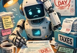 IMAGE: A worried humanoid robot sits at a cluttered desk covered with tax forms, receipts, and a calculator, struggling to complete its tax return while surrounded by reminders about taxes and deadlines. The scene humorously depicts the idea of robots being taxed like human workers