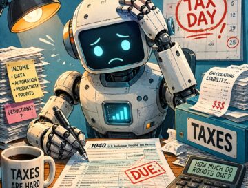 IMAGE: A worried humanoid robot sits at a cluttered desk covered with tax forms, receipts, and a calculator, struggling to complete its tax return while surrounded by reminders about taxes and deadlines. The scene humorously depicts the idea of robots being taxed like human workers