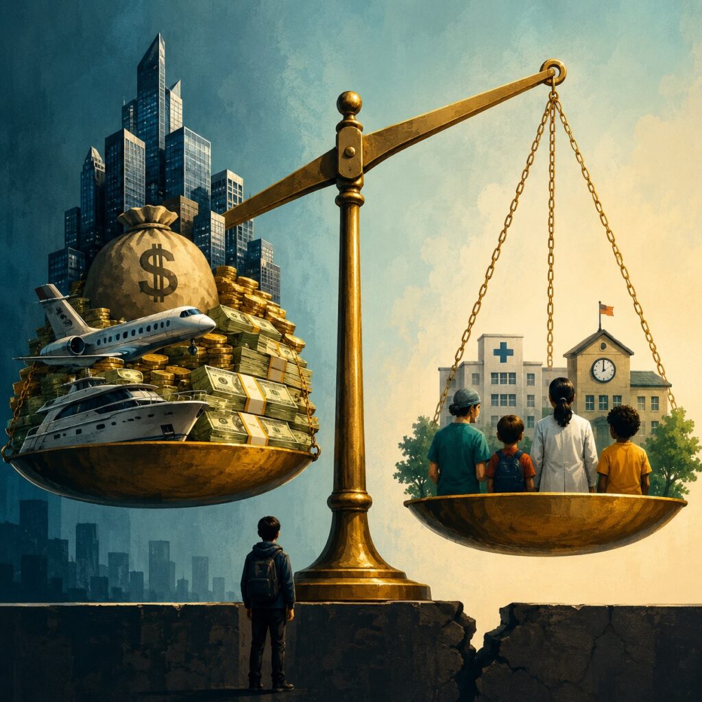 IMAGE: A tilted golden scale contrasts extreme private wealth with public healthcare, education, and social needs 