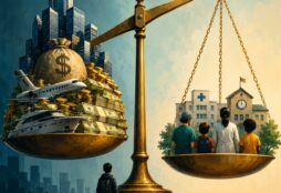IMAGE: A tilted golden scale contrasts extreme private wealth with public healthcare, education, and social needs