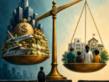 IMAGE: A tilted golden scale contrasts extreme private wealth with public healthcare, education, and social needs