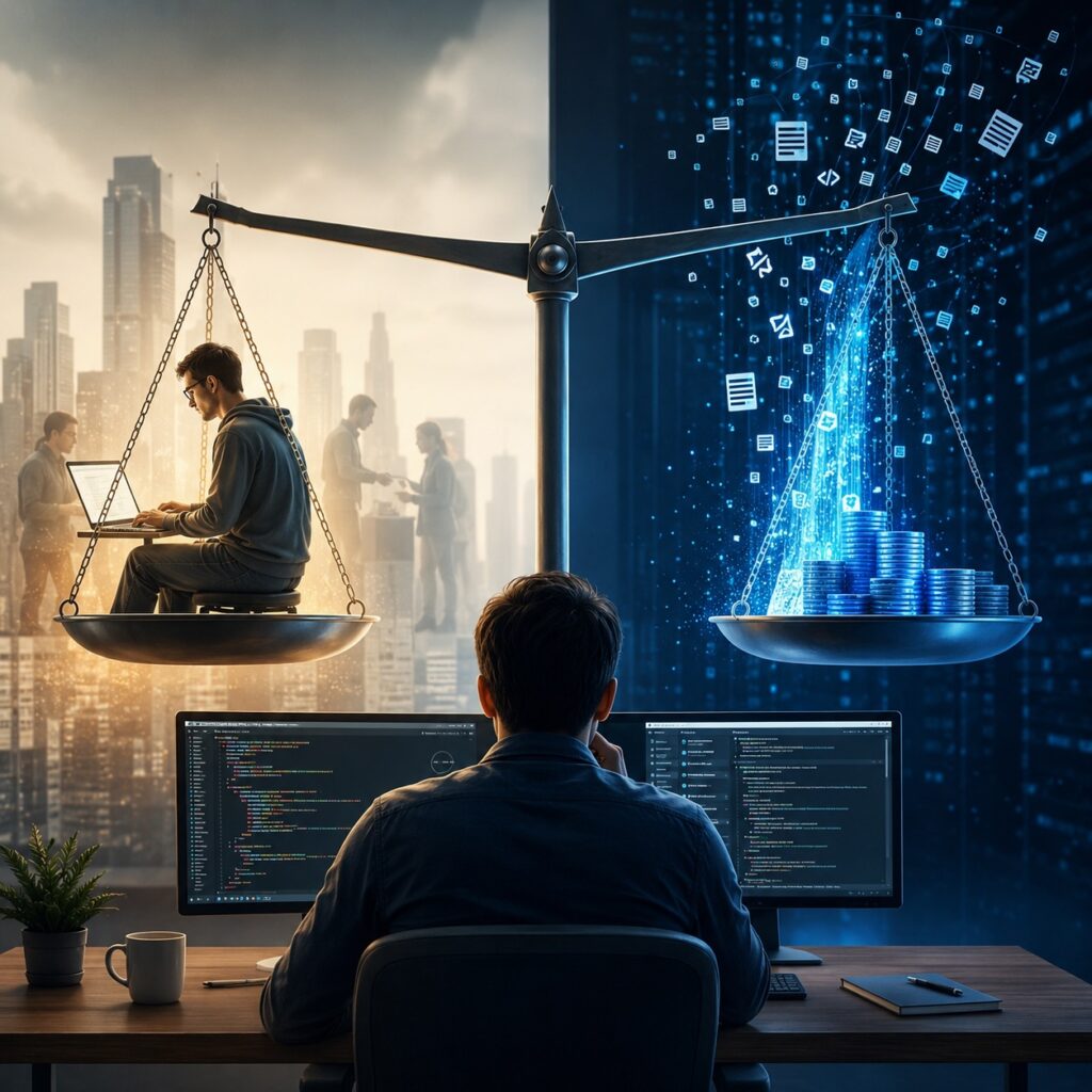 Alt text: A developer faces a giant scale weighing human labor against glowing streams of AI tokens and code, suggesting the shifting economics of software development