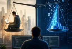 Alt text: A developer faces a giant scale weighing human labor against glowing streams of AI tokens and code, suggesting the shifting economics of software development